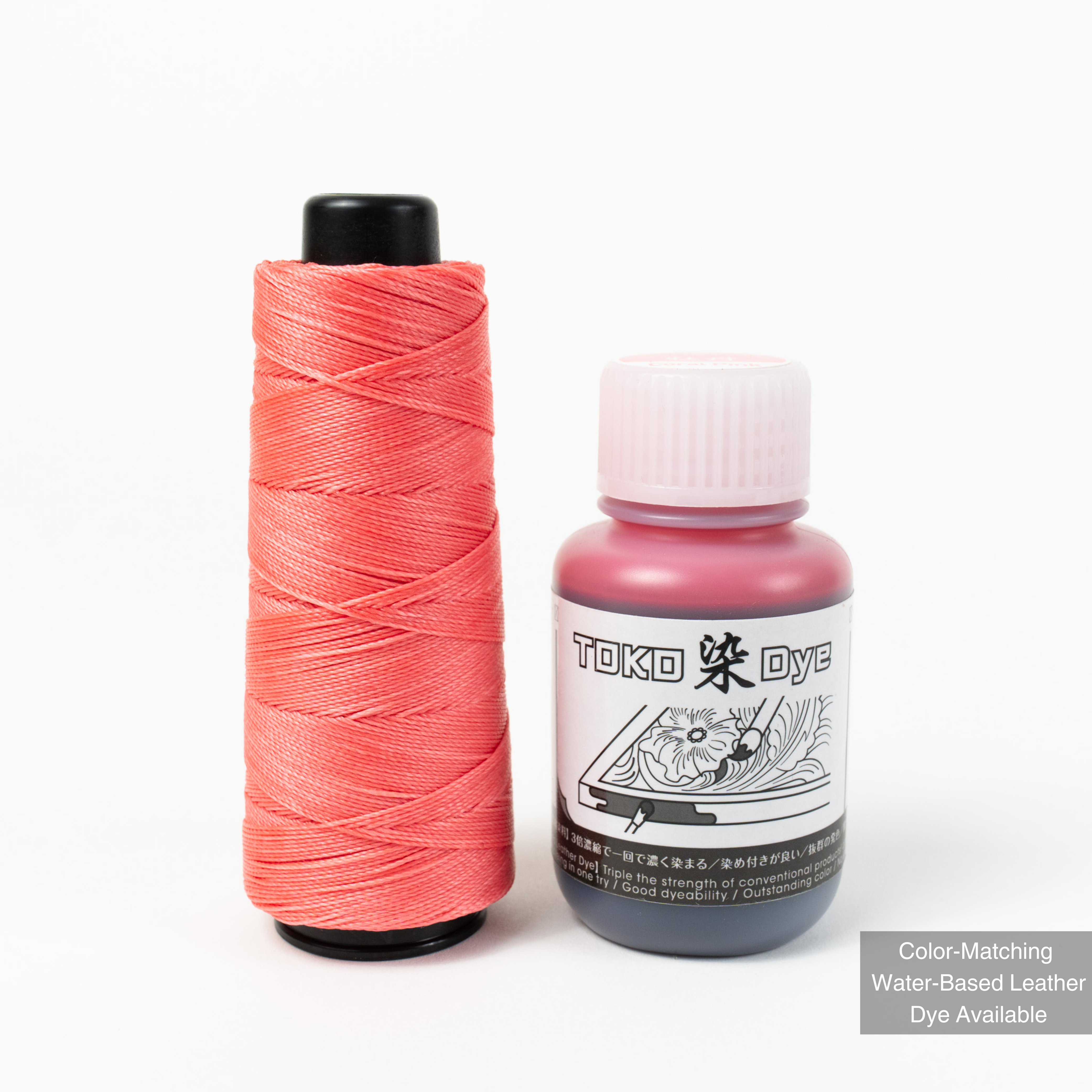 MBT coral pink waxed polyester thread with matching leather dye