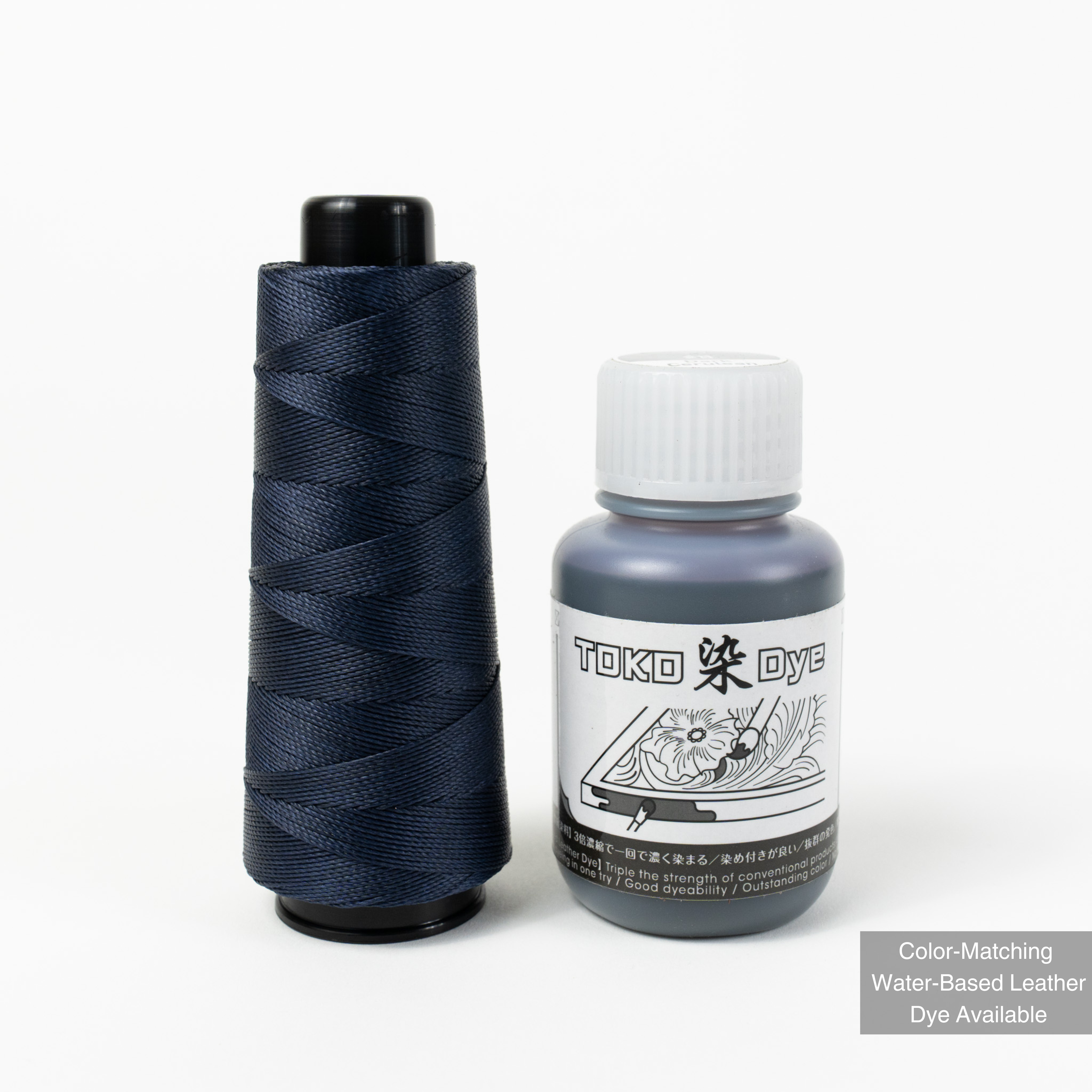 MBT dark cerulean blue waxed polyester thread with matching leather dye