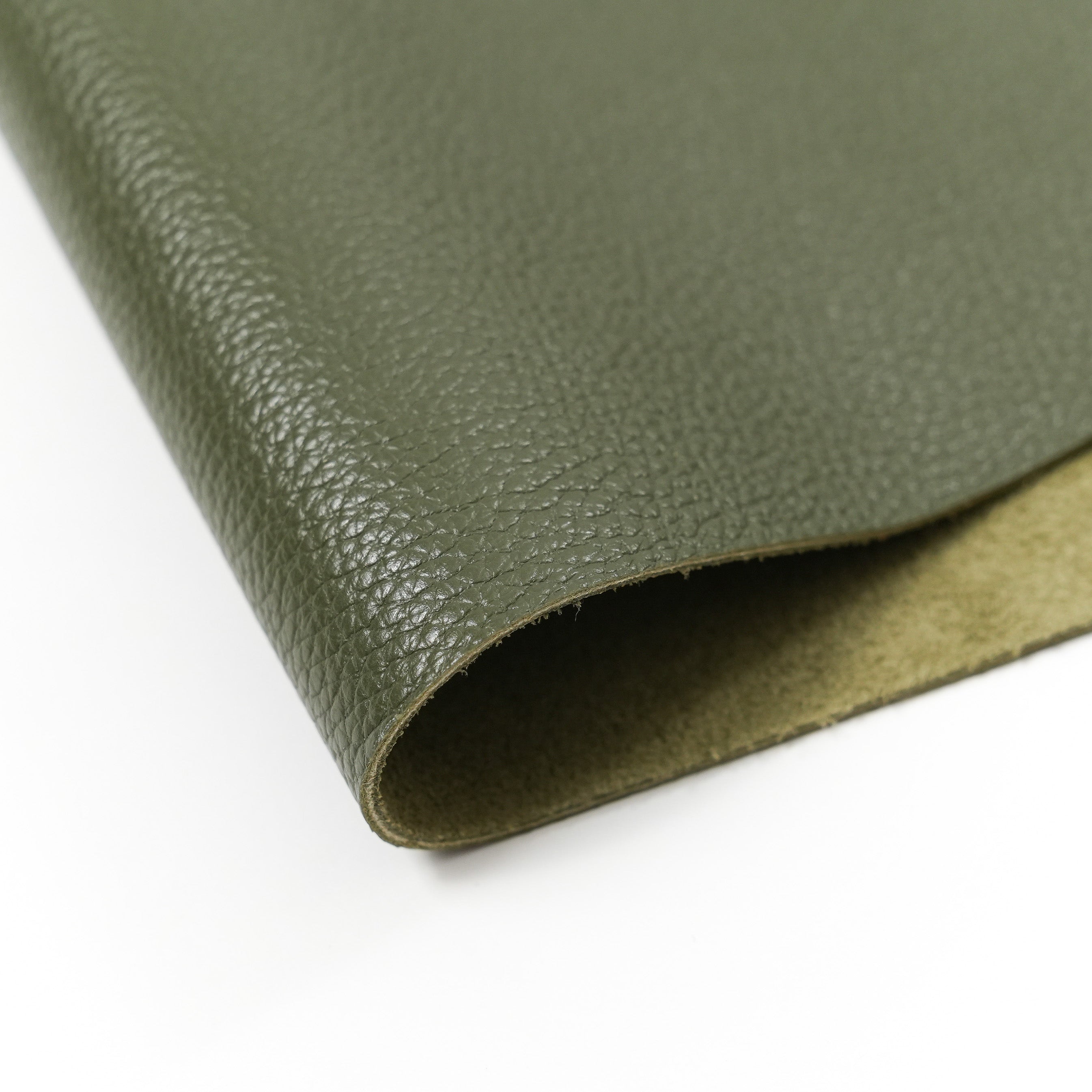italian pebble grain cowhide leather pre cut sheet olive green close up