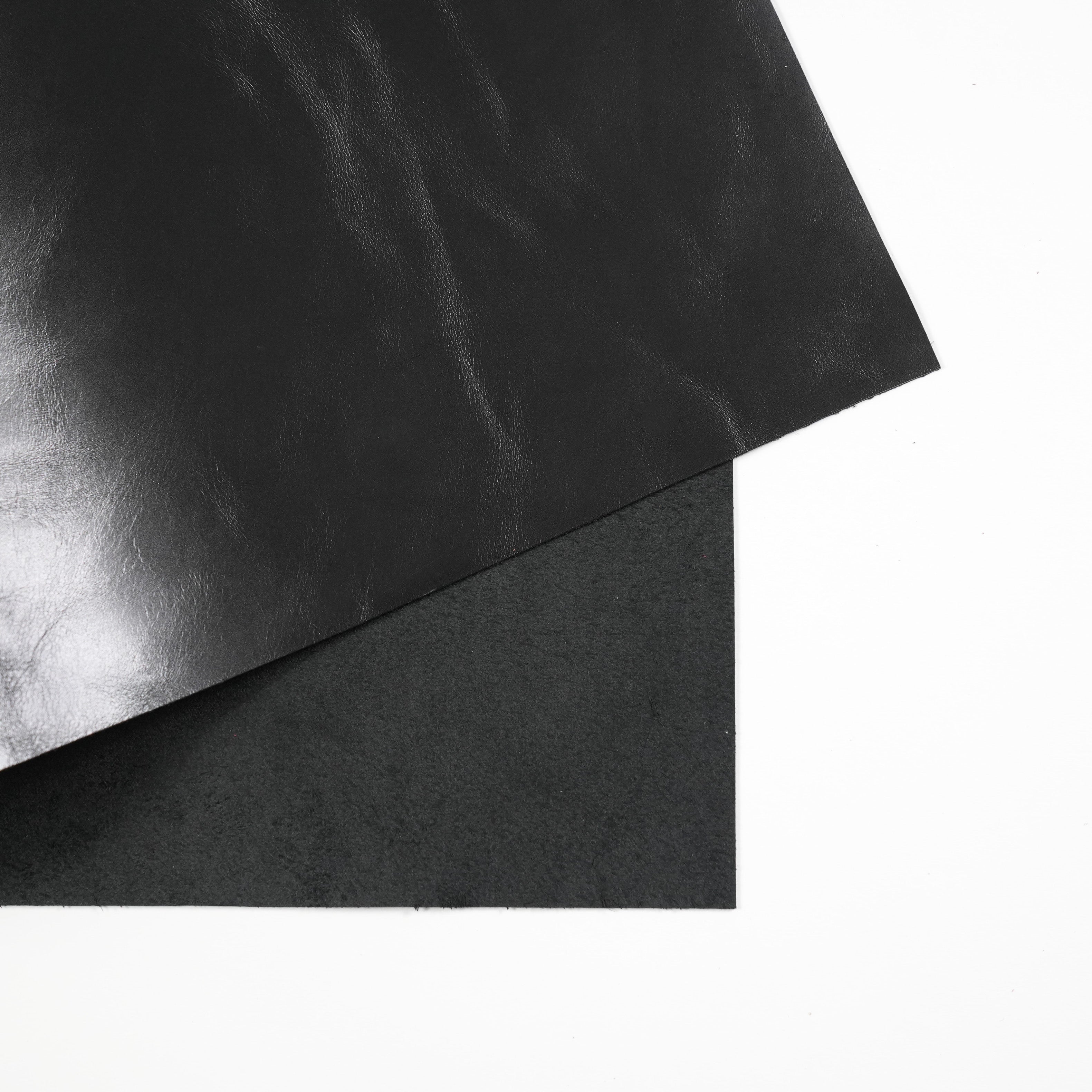 italian top grain glazed leather panel folded black