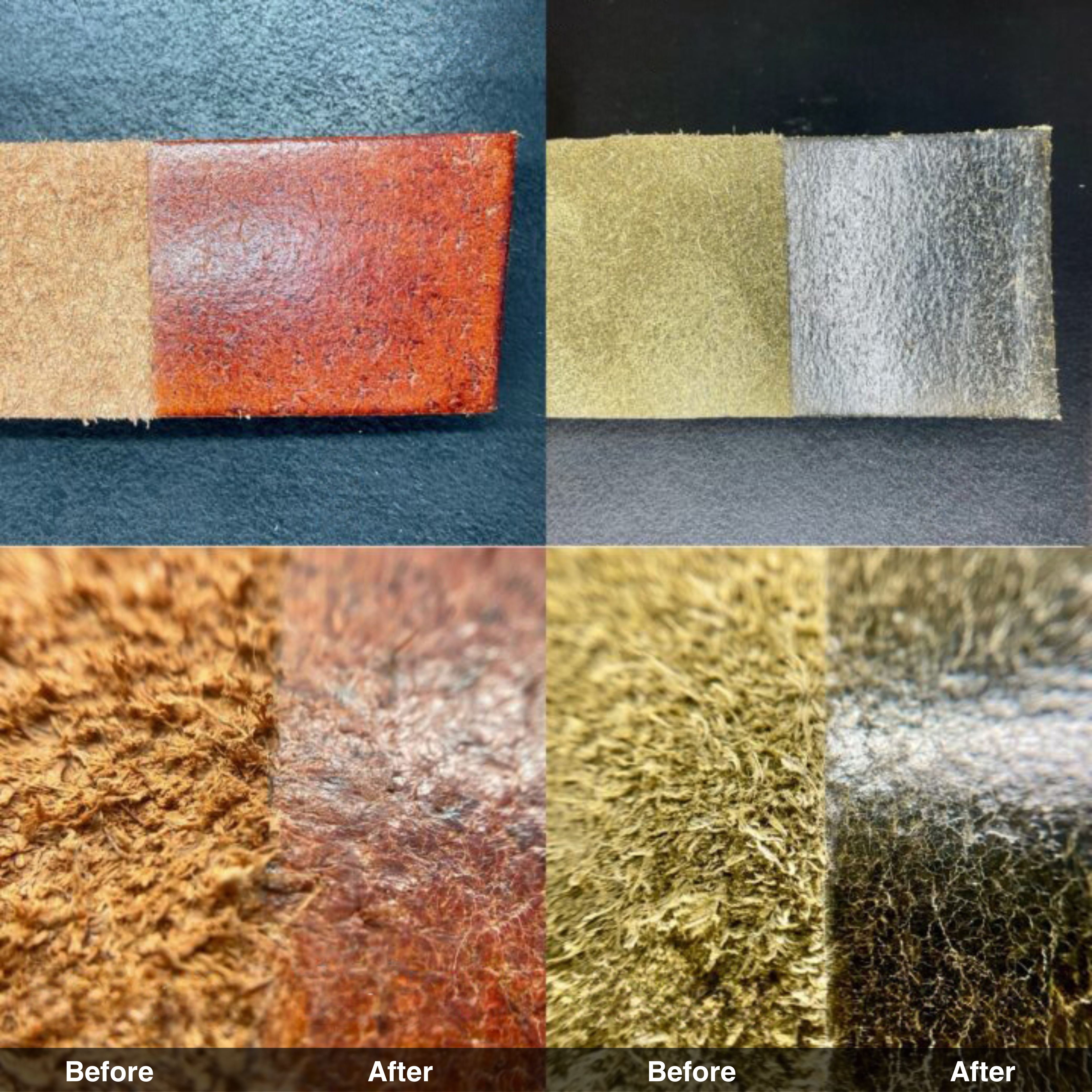 Before and after comparison of leather flesh side treated with burnishing gum