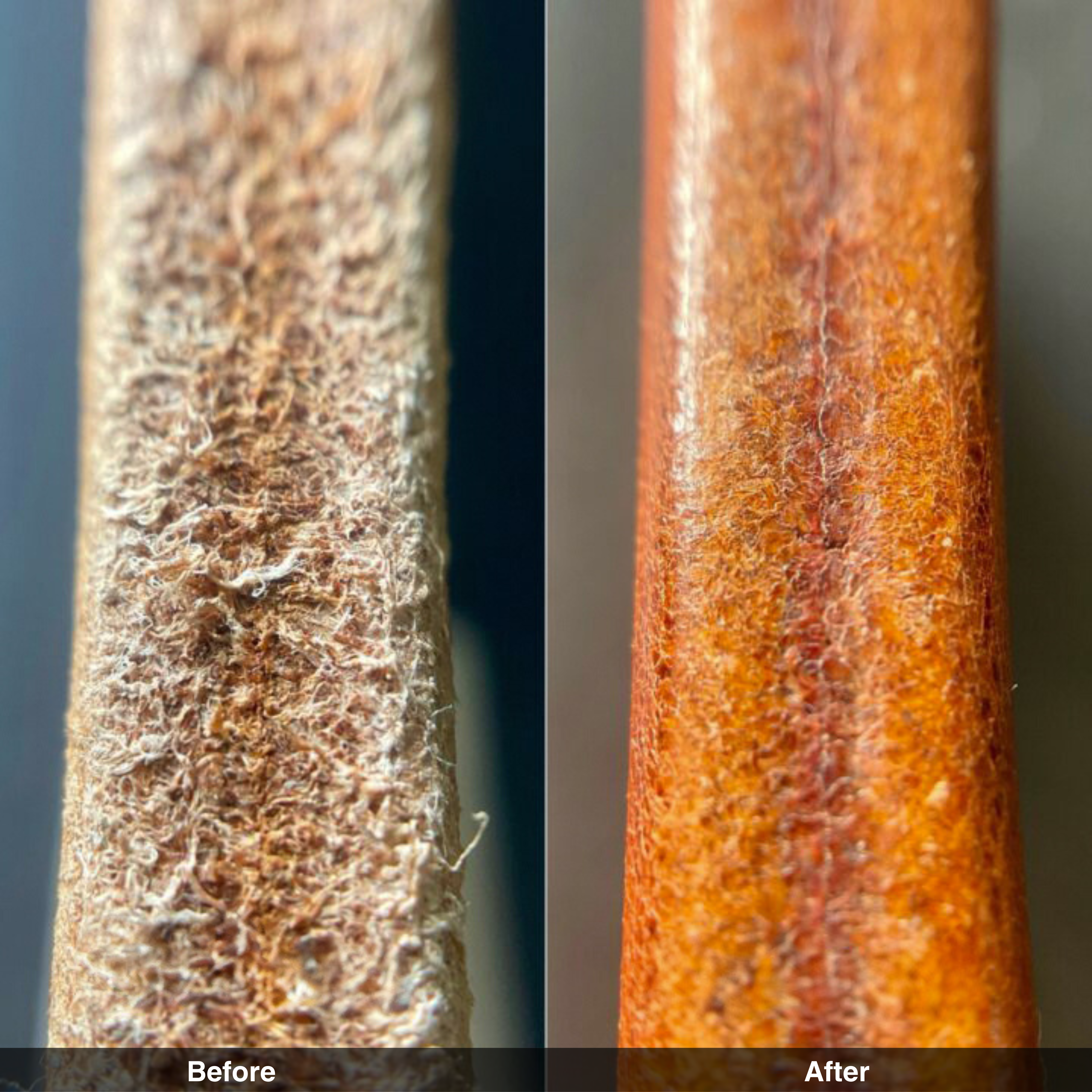 Leather edge before and after using burnishing gum