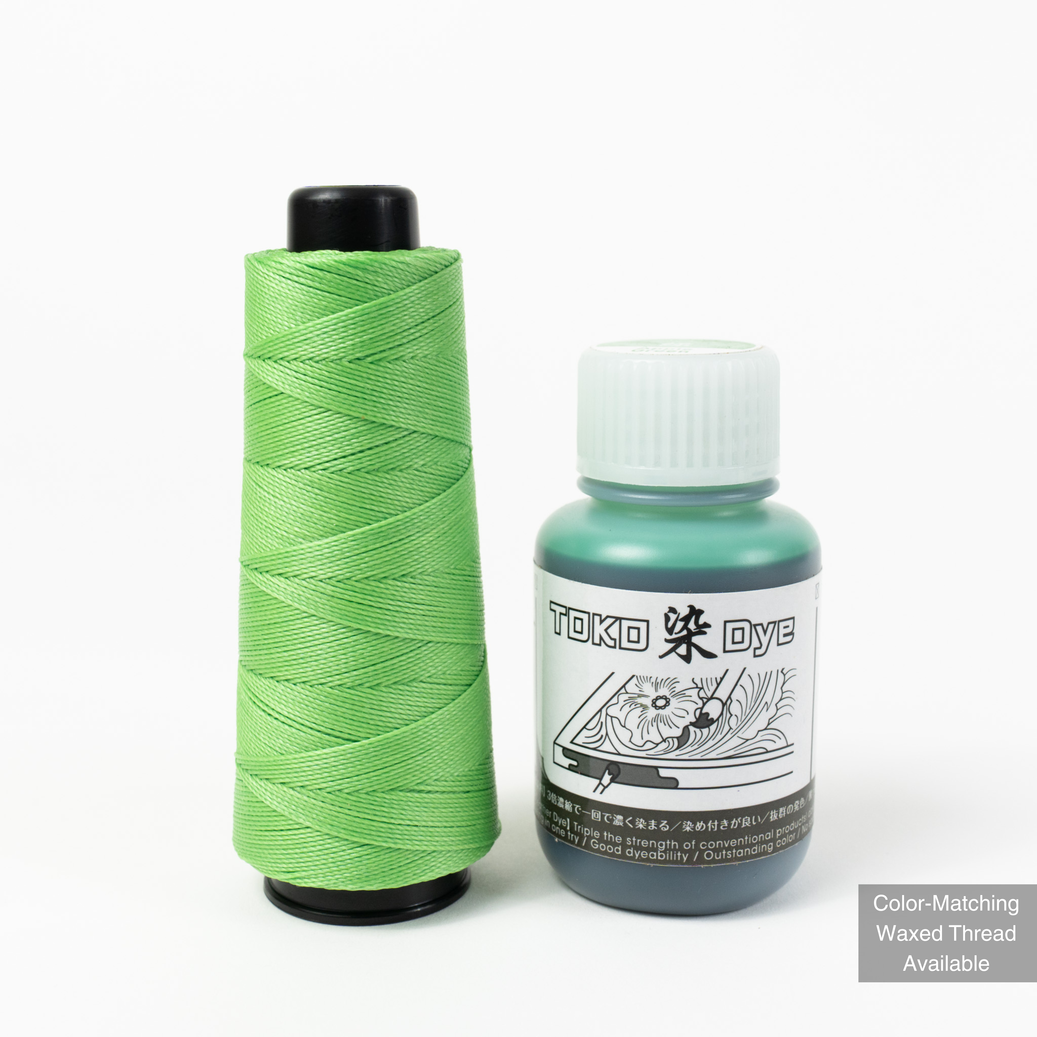 Leather dye with matching MBT apple green waxed polyester thread