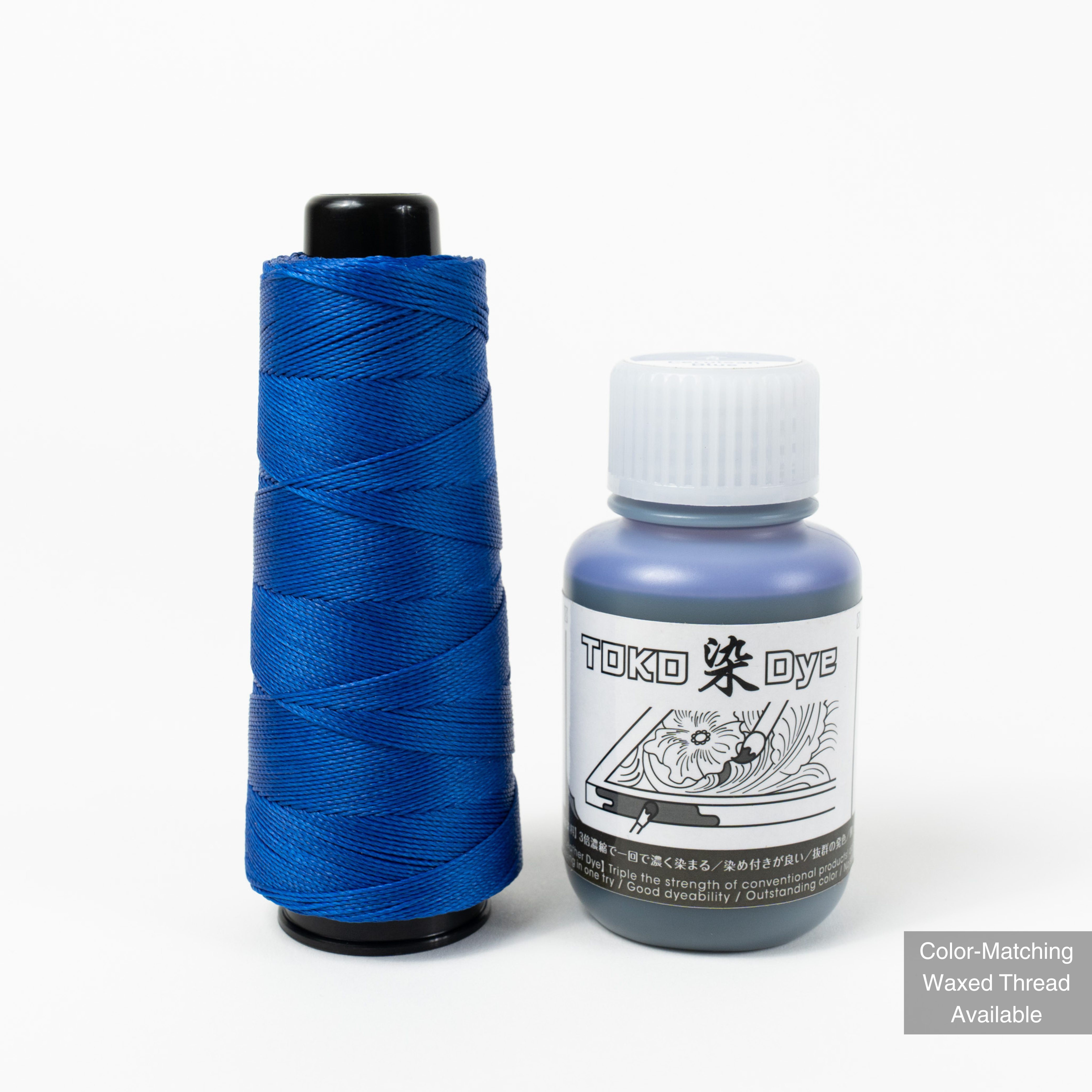 Leather dye with matching MBT cerulean blue waxed polyester thread