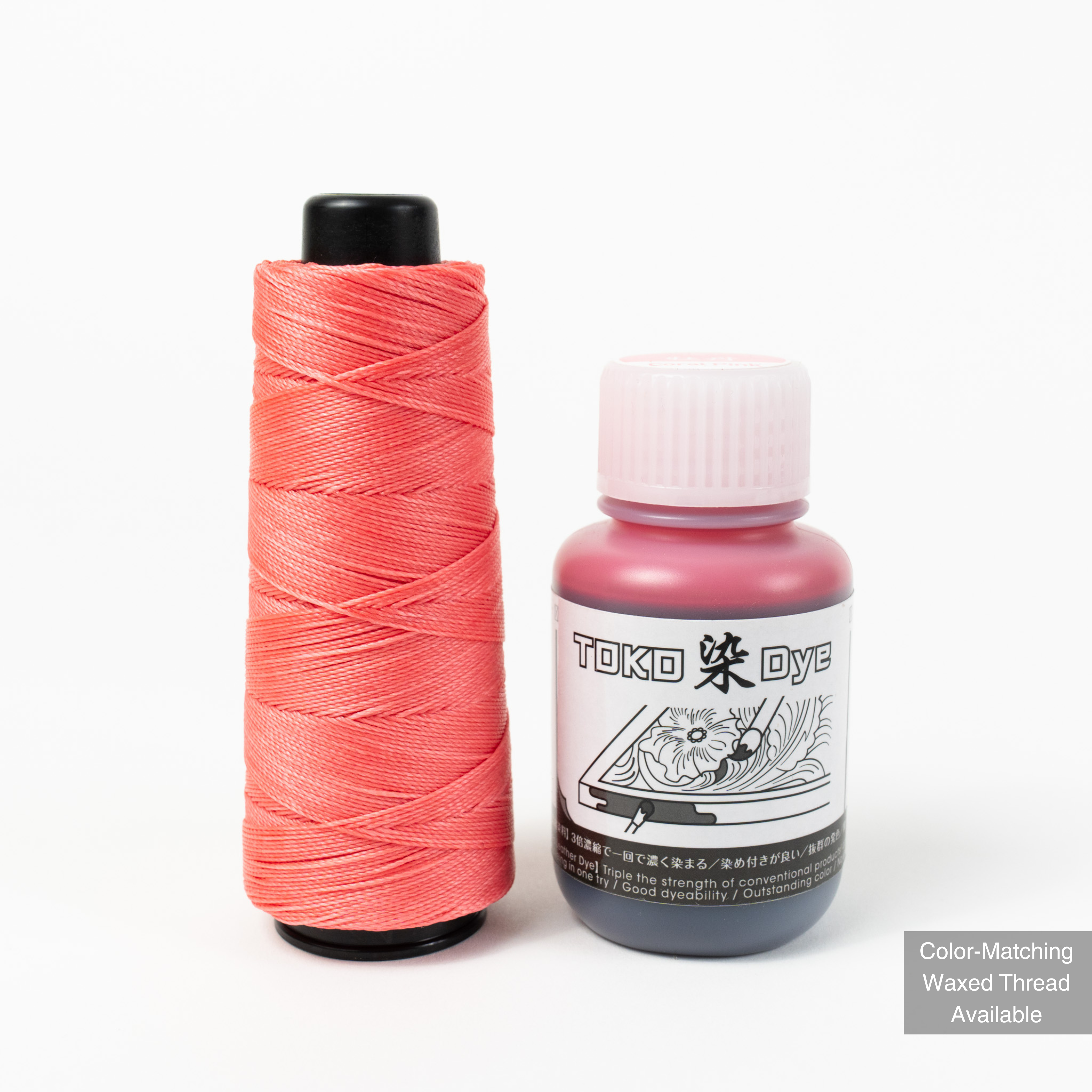 Leather dye with matching MBT coral pink waxed polyester thread