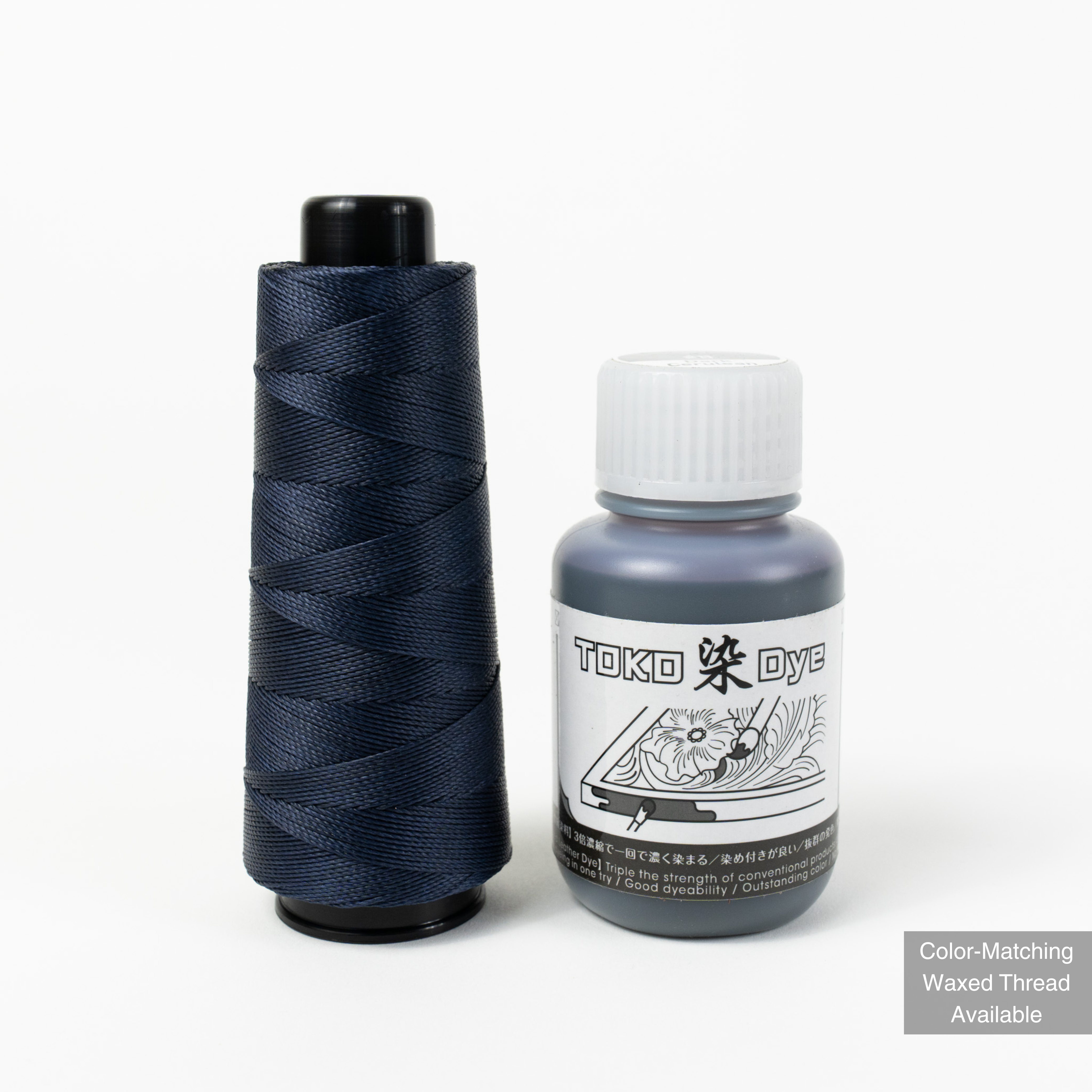 Leather dye with matching MBT dark cerulean blue waxed polyester thread