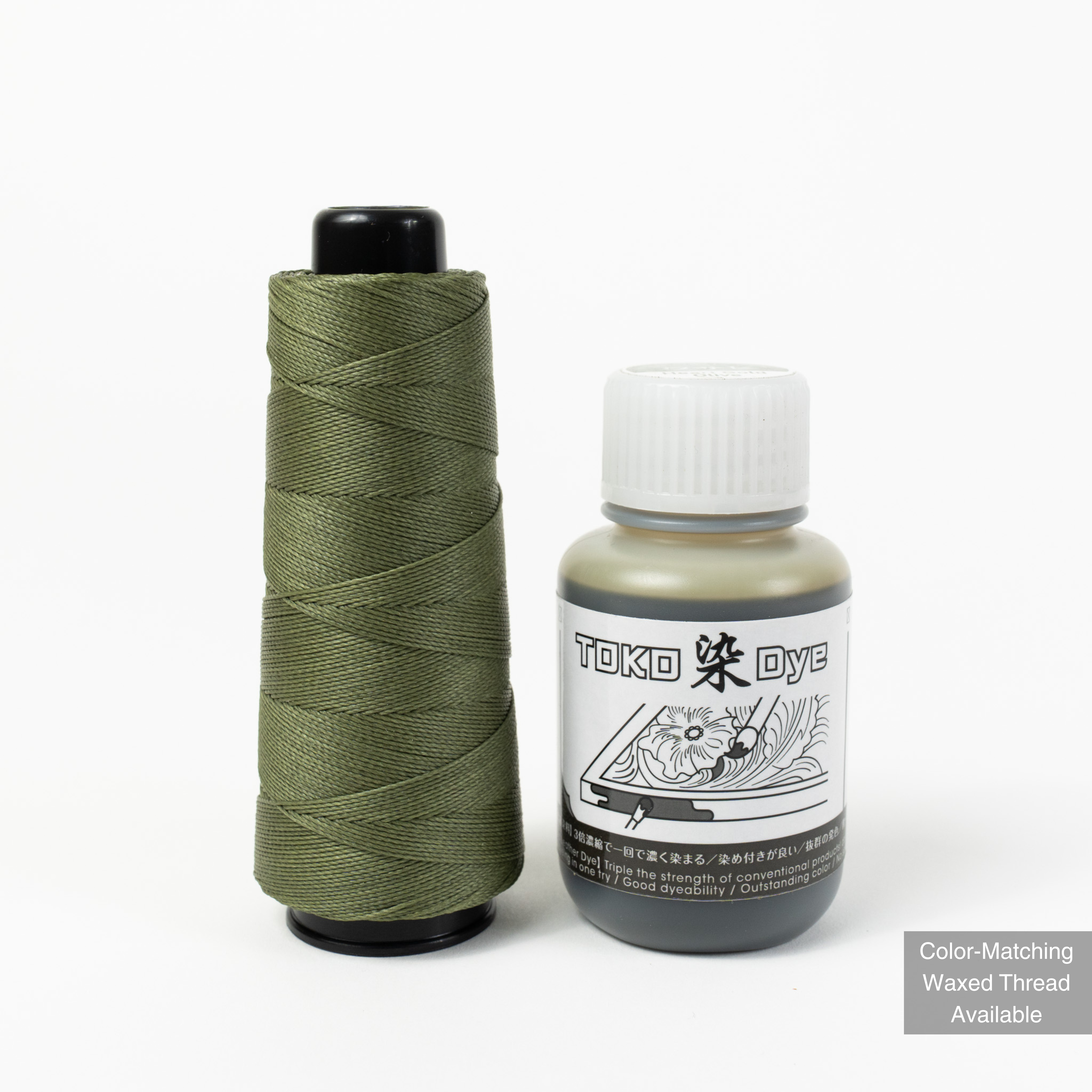 Leather dye with matching MBT heart gold olive waxed polyester thread
