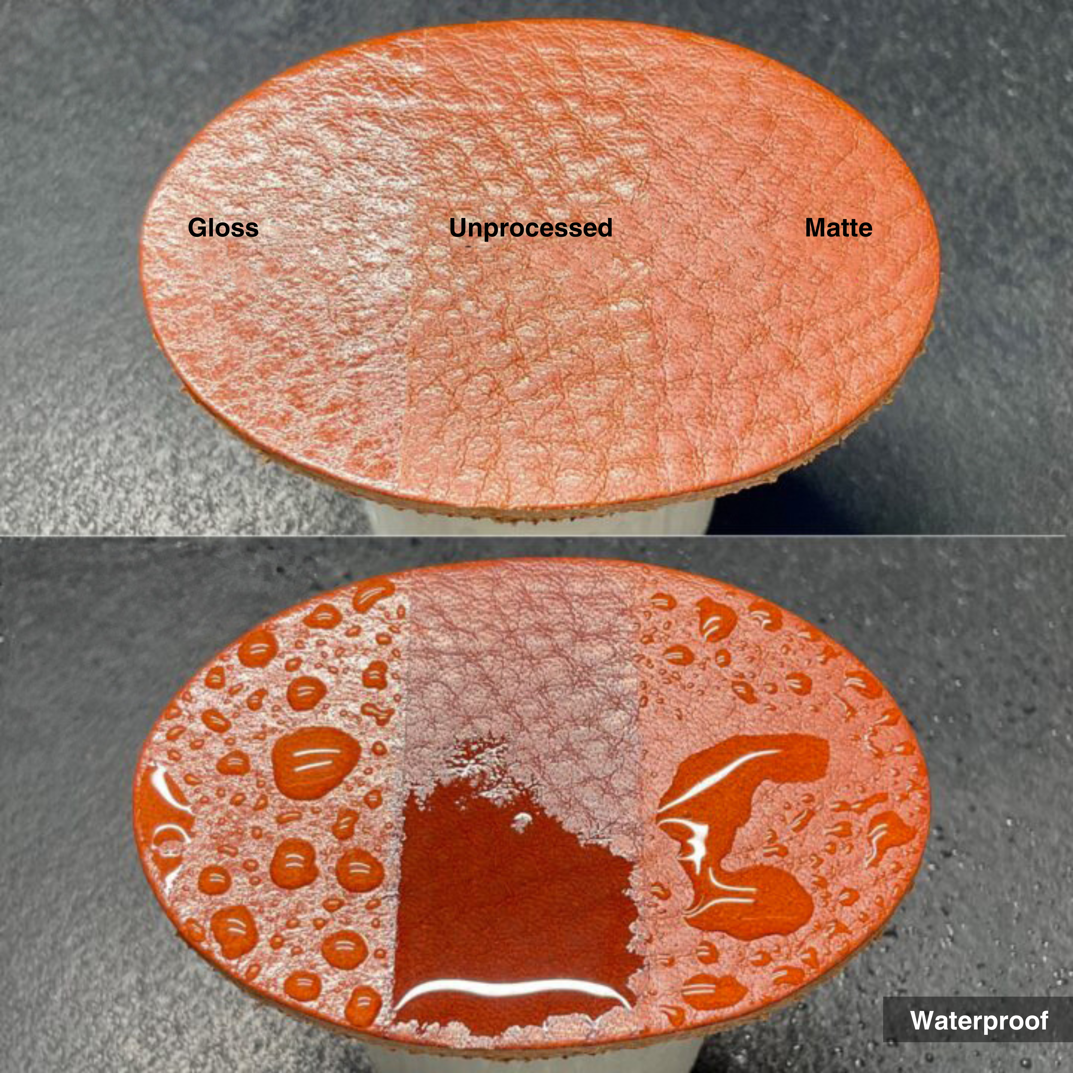 Comparison of waterproof leather finish top coats: gloss vs matte