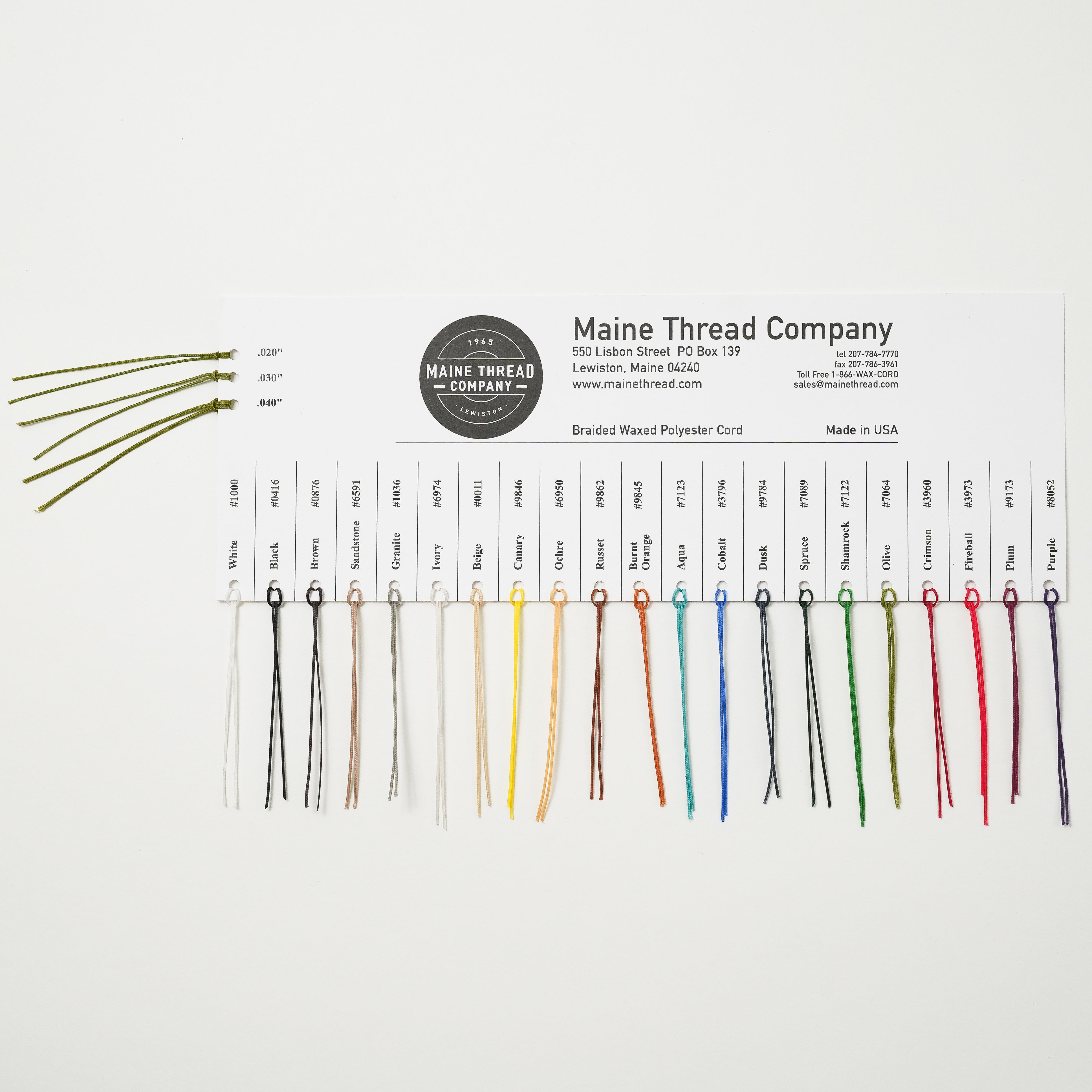 maine thread braided waxed cord color card