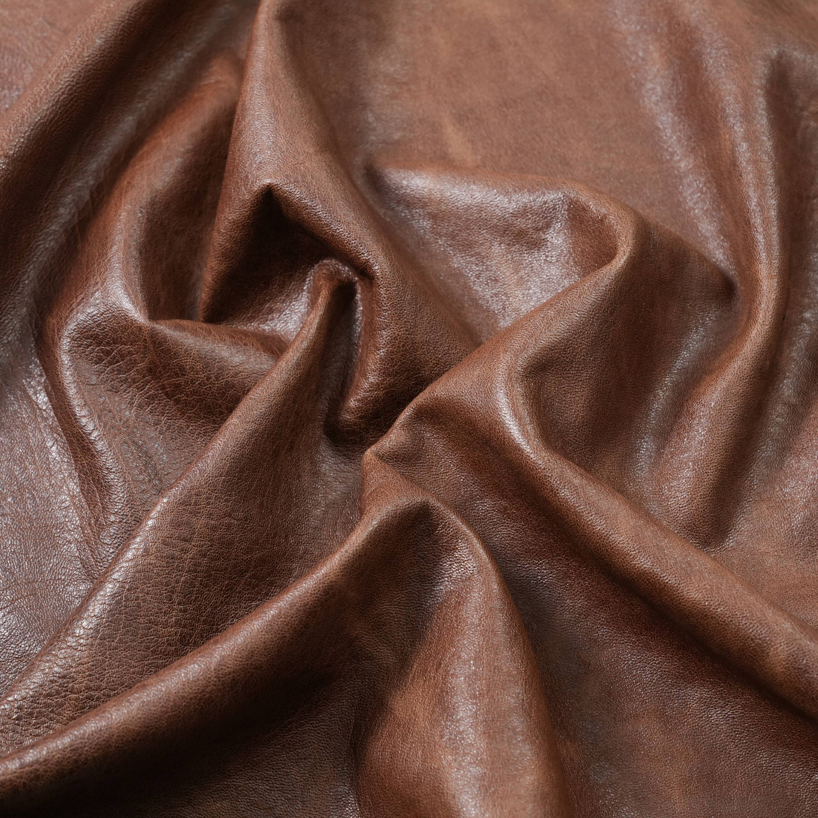veg tan lambskin leather washed close up view medium brown