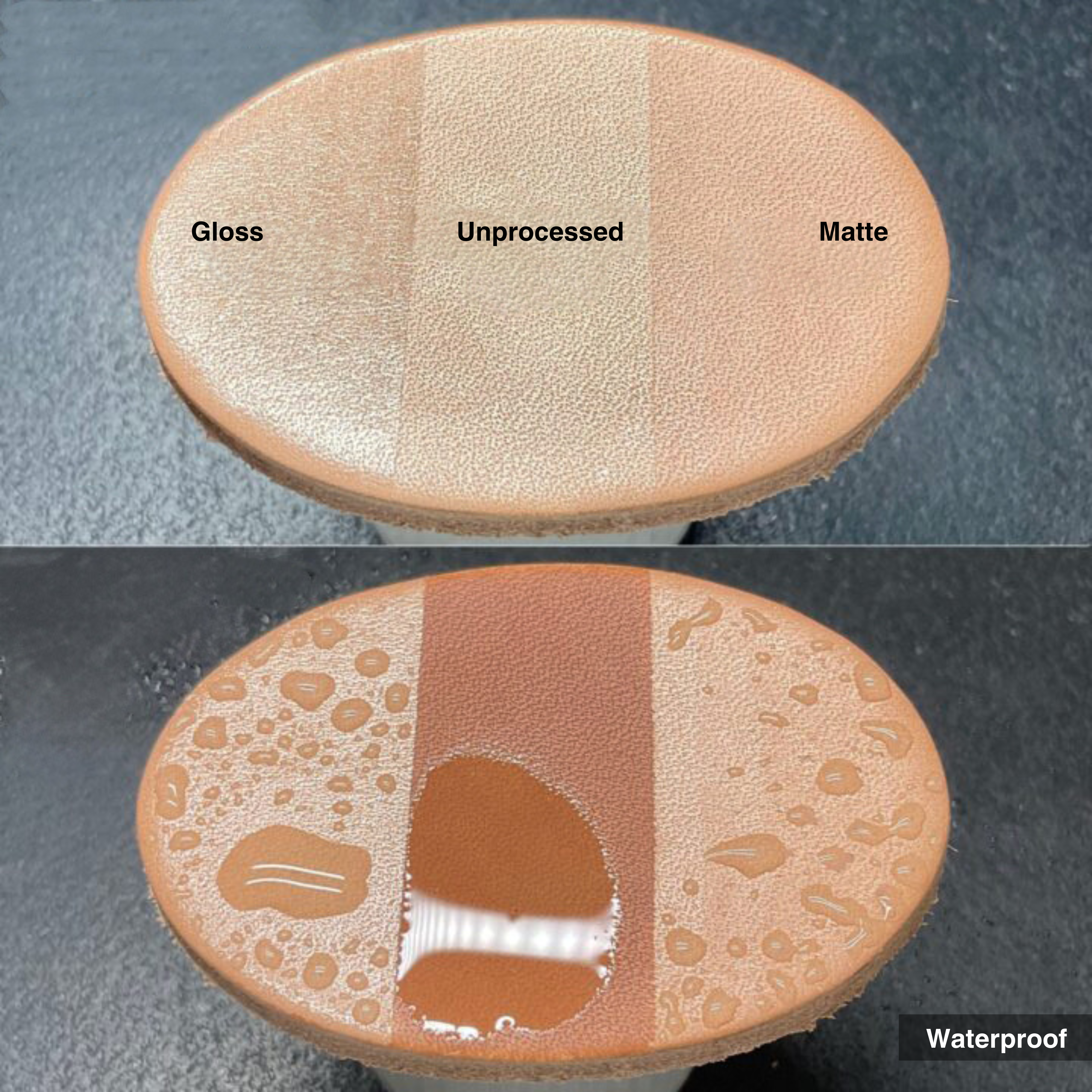 Comparison of waterproof top coat finishes on veg-tan leather: gloss vs matte