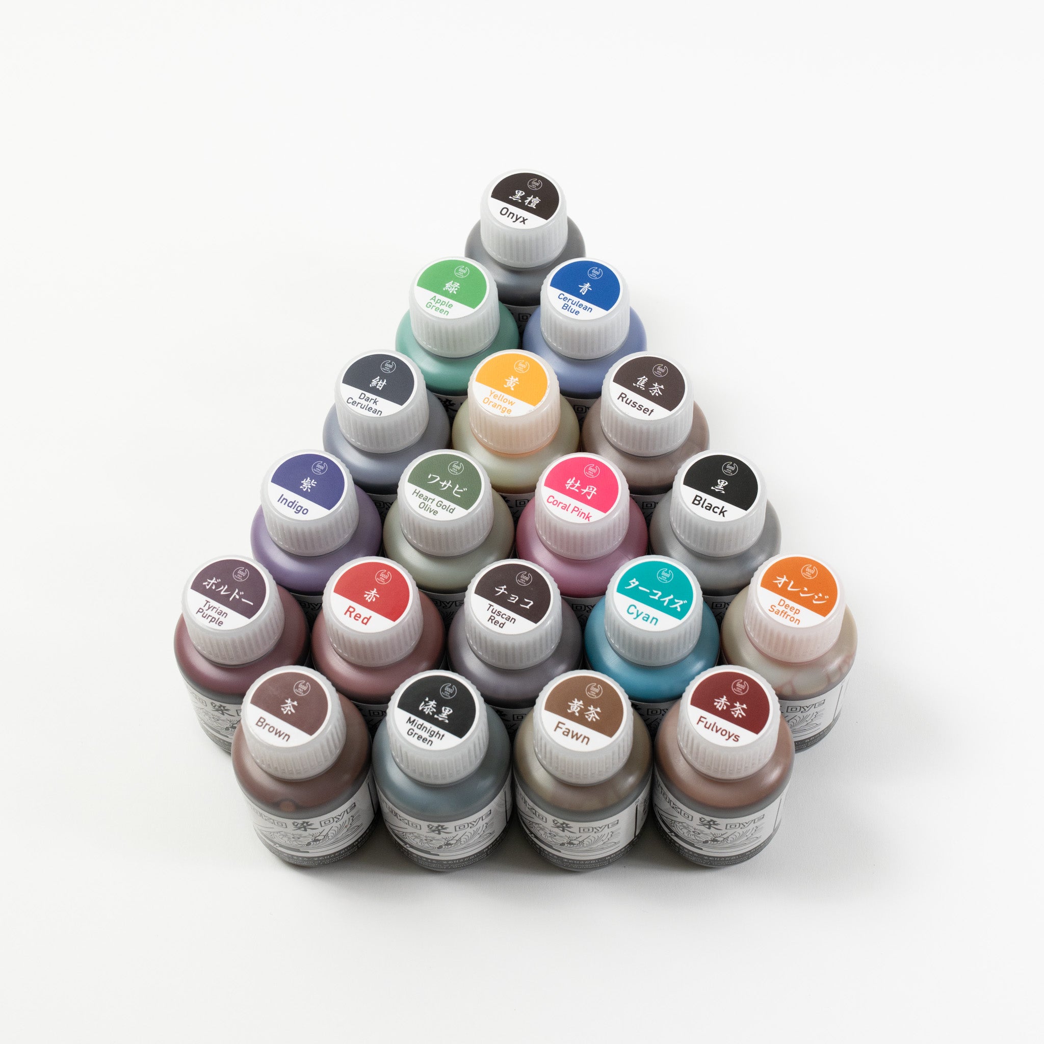 Water-based leather dye bottles in assorted colors